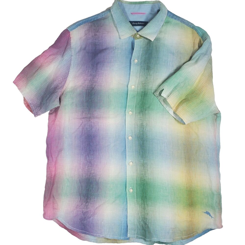 Tommy Bahama Men's Short Sleeve Button-down Linen Shirt Size XL Colorful Plaid